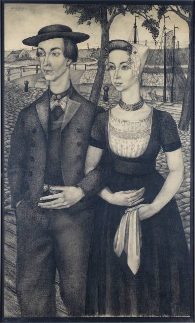charcoal drawing of well-dressed man and woman standing with arms linked on cobble stone road